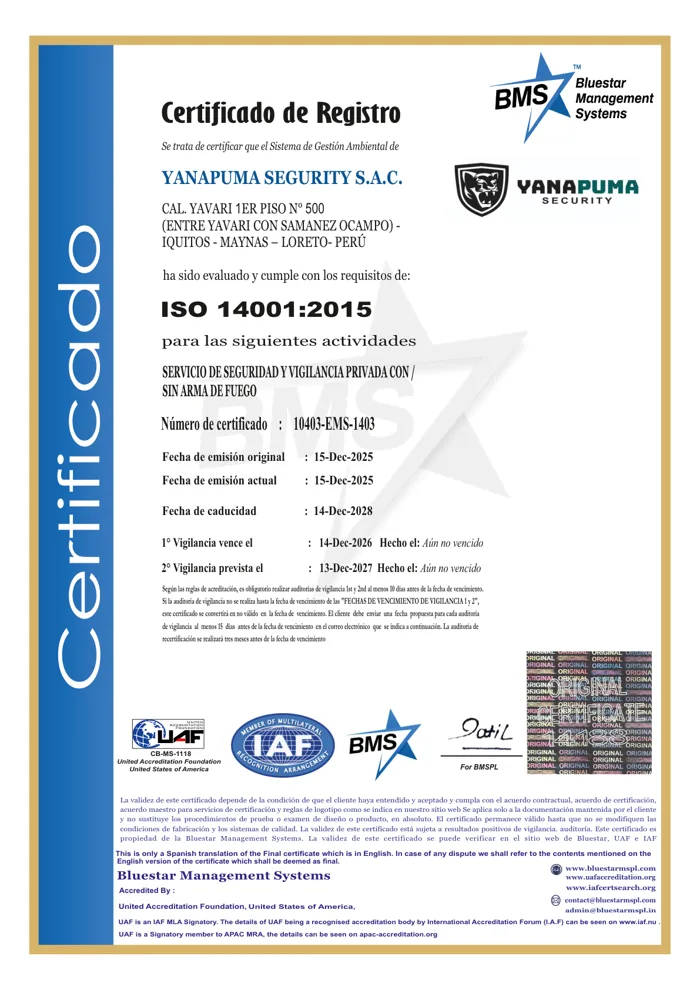 Certificado ISO 14001:2015 de Yanapuma