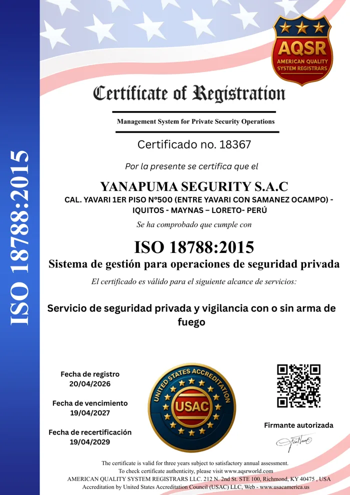 Certificado ISO 18788:2015 de Yanapuma
