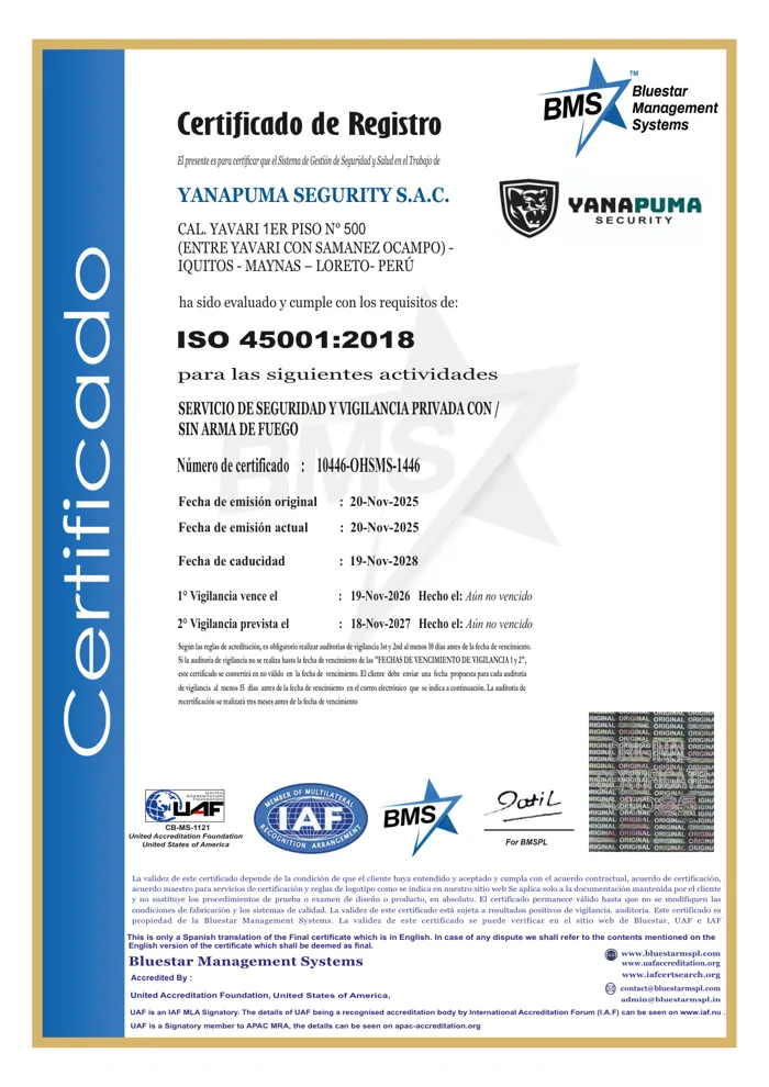 Certificado ISO 45001:2018 de Yanapuma