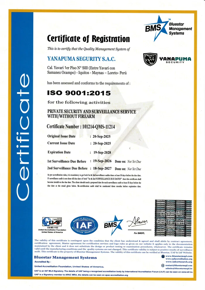 Certificado ISO 9001:2015 de Yanapuma